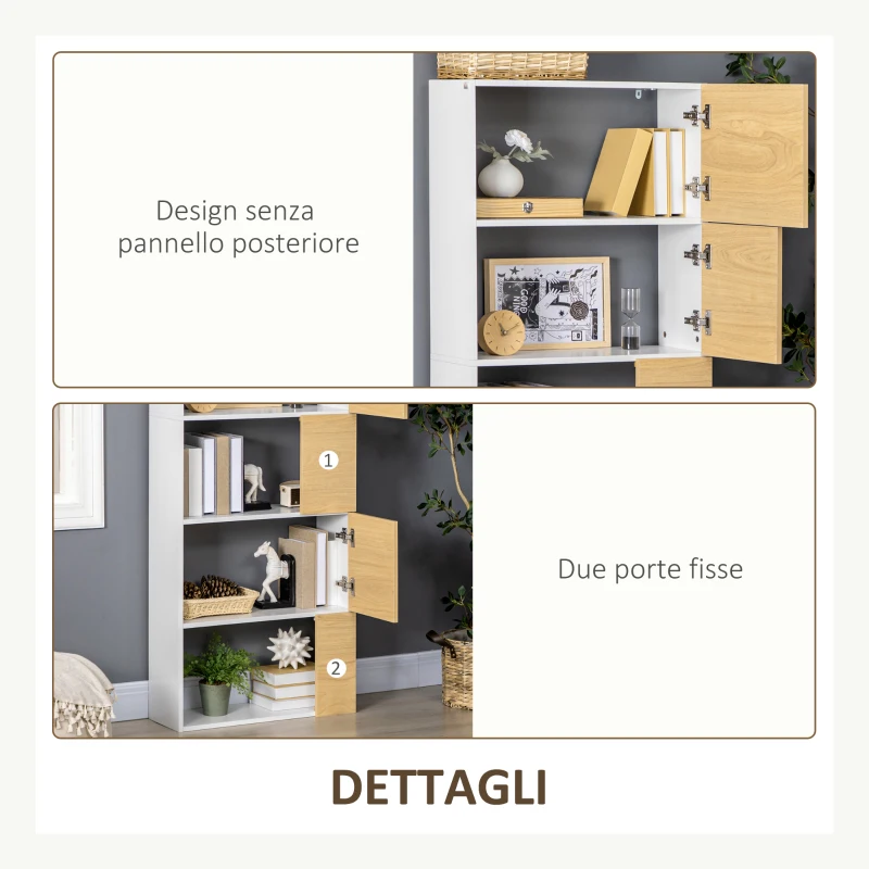 HOMCOM Libreria Moderna con Scaffali Asimmetrici e Ante Soft Close, 63x22x166cm, Bianco e Naturale
