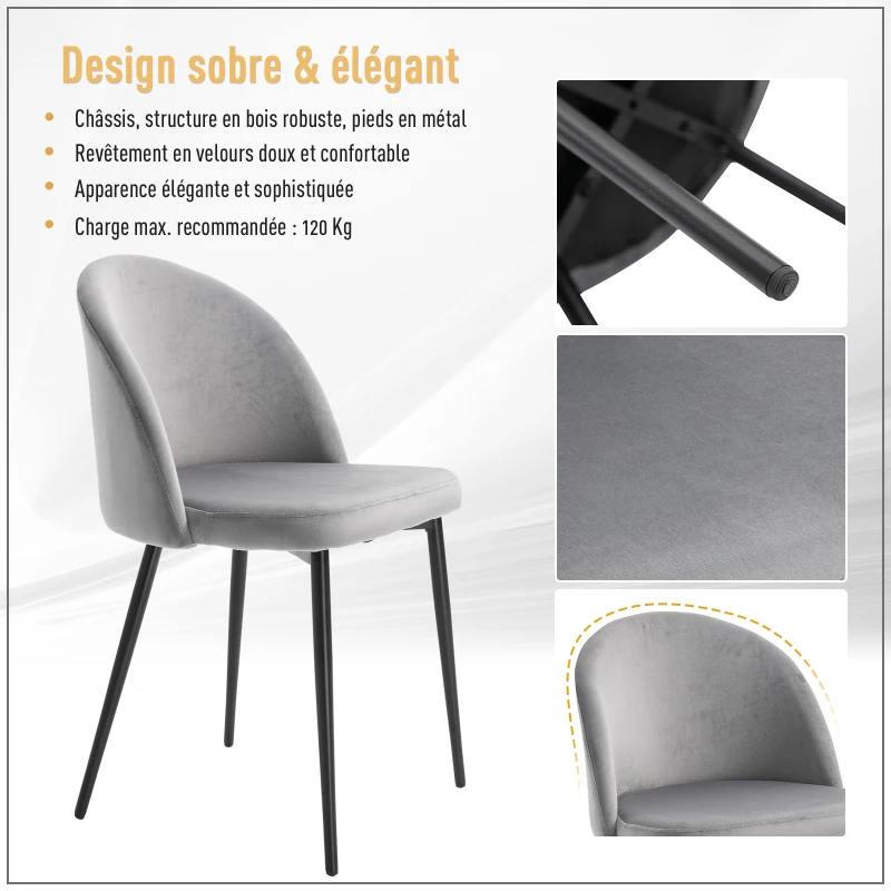 HOMCOM Lot de 2 chaises salle à manger chaise de cuisine scandinave chaise en velours rembourrée avec pieds effilés en métal, pour salon, salle à manger, gris