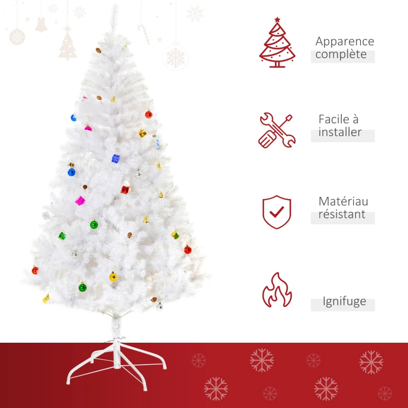 HOMCOM Sapin Arbre de Noël Artificiel Blanc 180 cm 930 Branches avec Nombreux Accessoires variés