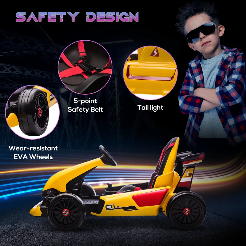 HOMCOM 12V Electric Ride-On Go Kart, with Remote Control, Lights, Music, Horn -Yellow