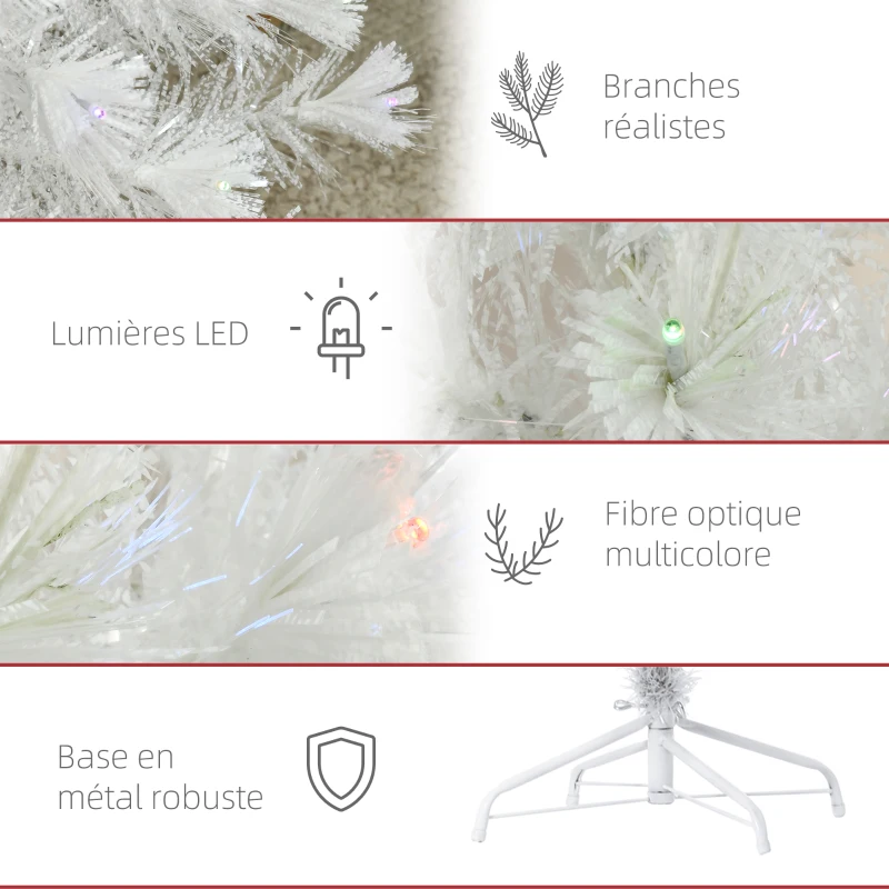 HOMCOM Sapin de Noël Artificiel Blanc Sapin Lumineux 180H cm Fibre Optique + 220 LED Couleurs RVB 7 Modes Support Pied Inclus 220 Branches étoile Sommet Brillante