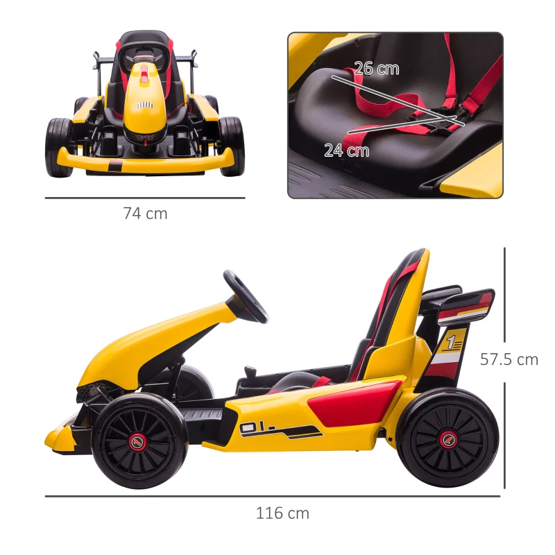 HOMCOM 12V Electric Ride-On Go Kart, with Remote Control, Lights, Music, Horn -Yellow