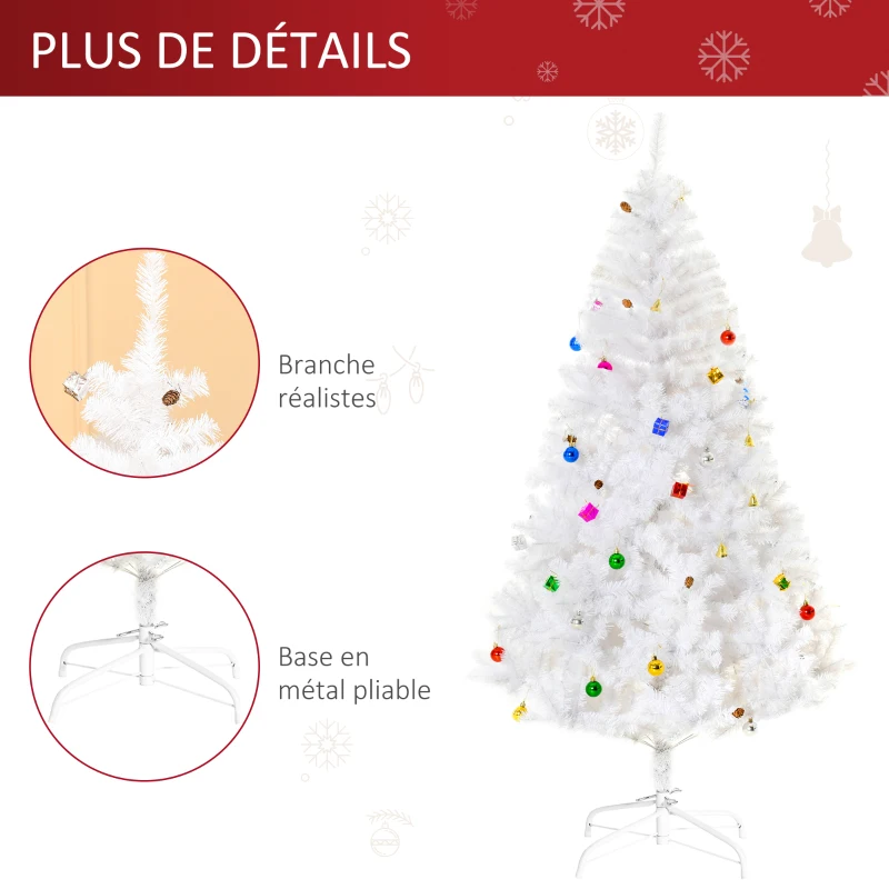 HOMCOM Sapin Arbre de Noël Artificiel Blanc 180 cm 930 Branches avec Nombreux Accessoires variés