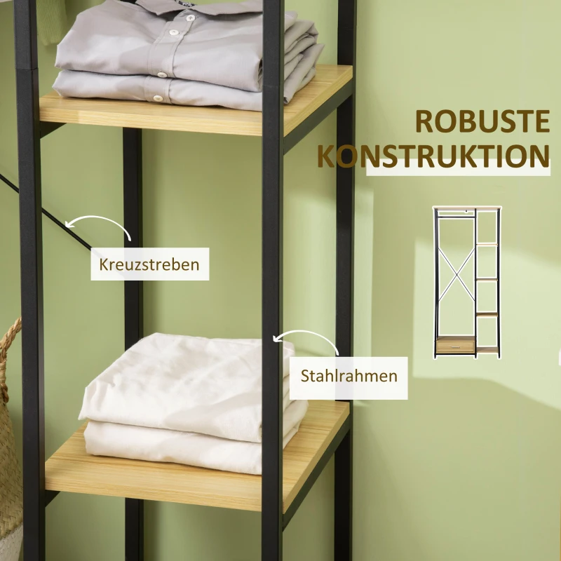 HOMCOM Garderobe im Industriedesign 1 Schublade, 1 Kleiderstange, 4 Regale 77 cm x 39 cm x 180 cm Schwarz + Natur