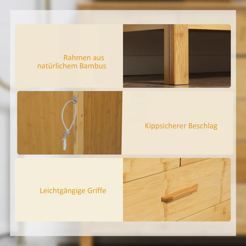 HOMCOM Kommode mit 6 Schubladen, 66 cm x 37,5 cm x 88,6 cm, Natur