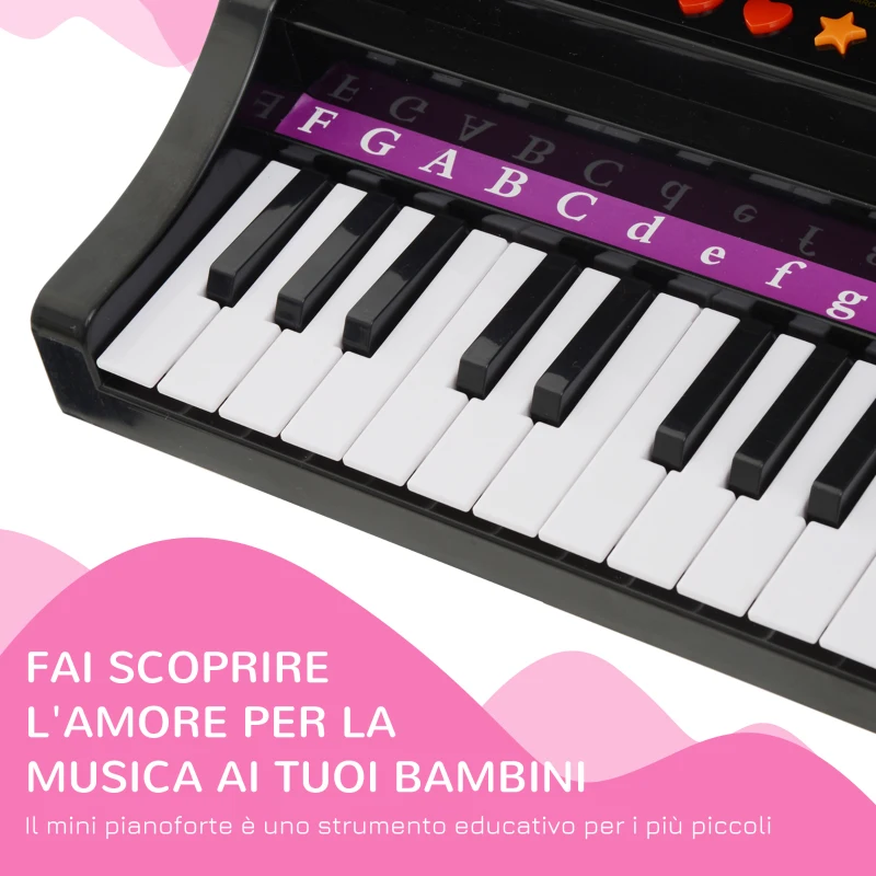 HOMCOM Pianoforte Elettrico Giocattolo Strumento Musicale per Bambini con 37 Tasti Microfono e Sgabello 48x39x69cm Nero