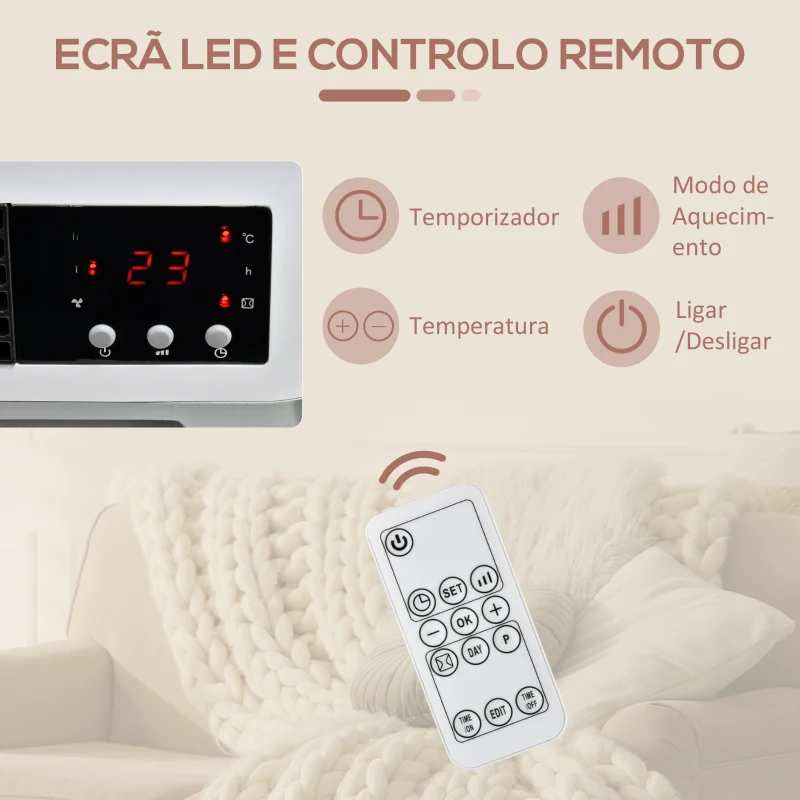 HOMCOM Aquecedor Cerâmico de Parede 1000W/2000W com Controle Remoto 3 Modos de Aquecimento Temporizador de 12h Termostato e Proteção contra Superaquecimento 45x18,6x11,5cm Branco