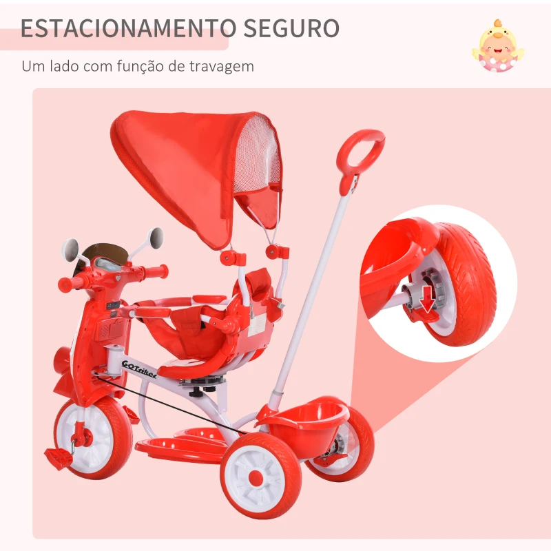 HOMCOM Triciclo infantil com toldo Barreira Apoio para os pés Luz e Música 93x51x94 cm Vermelho