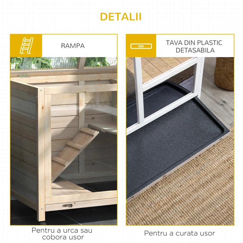 PawHut Cusca Iepuri 2 Etaje – Lemn cu Rampa si Tava Usor de Curatat