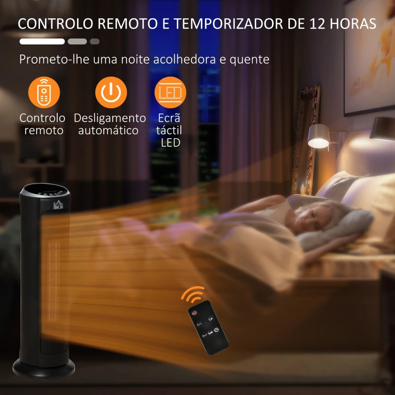 HOMCOM Aquecedor Cerâmico de Torre 1000/2000W com Controle Remoto Tela LED Temporizador de 12h Termostato 3 Modos de Aquecimento e Oscilação de 45° para 25m² Ø19x56,7cm Preto