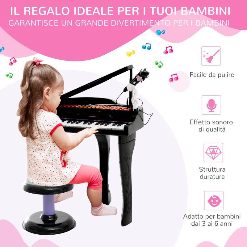 HOMCOM Pianoforte Elettrico Giocattolo Strumento Musicale per Bambini con 37 Tasti Microfono e Sgabello 48x39x69cm Nero