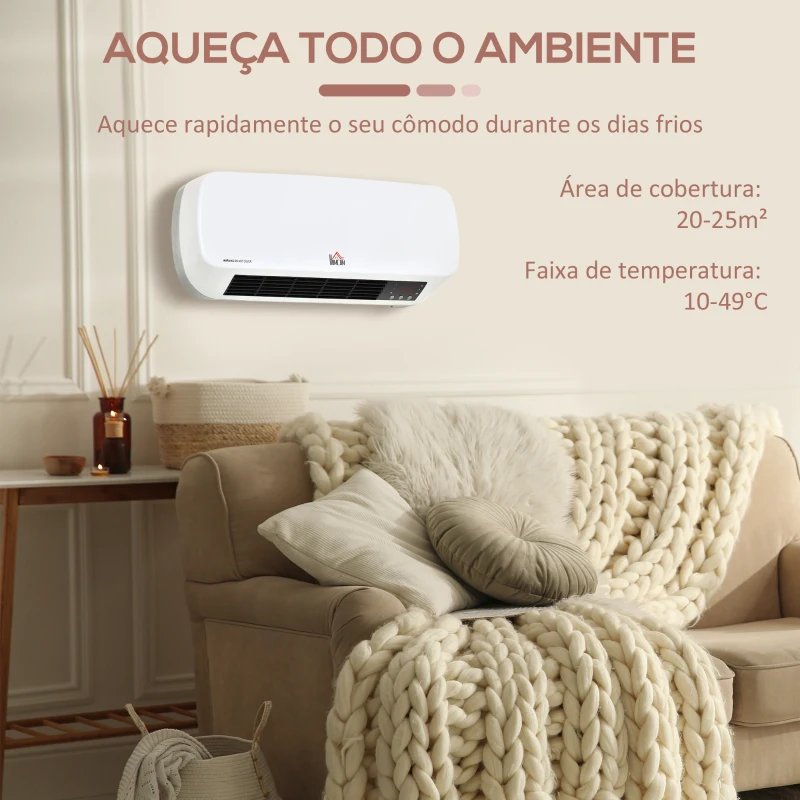 HOMCOM Aquecedor Cerâmico de Parede 1000W/2000W com Controle Remoto 3 Modos de Aquecimento Temporizador de 12h Termostato e Proteção contra Superaquecimento 45x18,6x11,5cm Branco