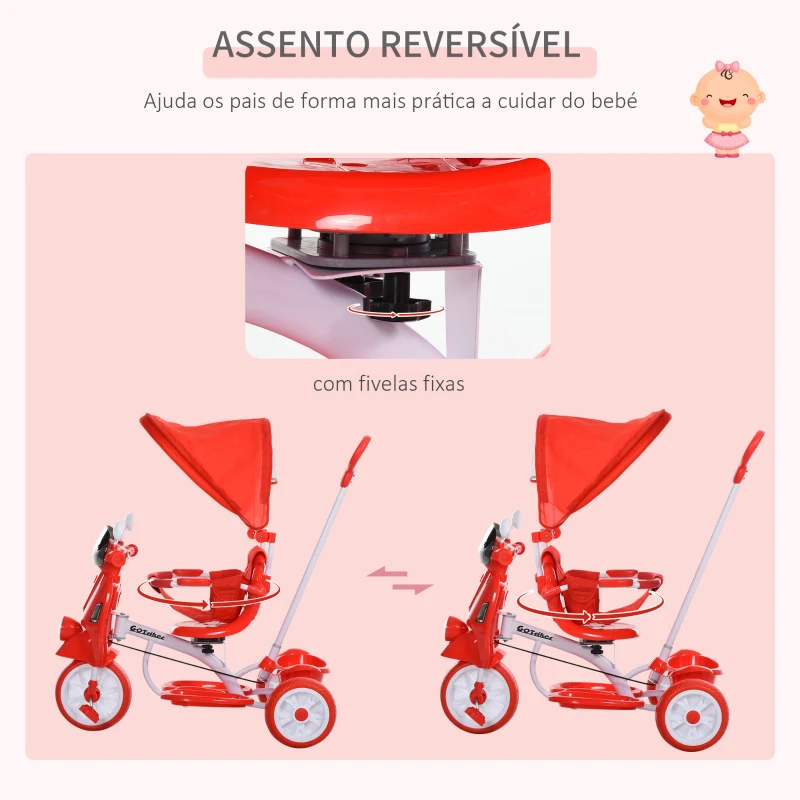 HOMCOM Triciclo infantil com toldo Barreira Apoio para os pés Luz e Música 93x51x94 cm Vermelho