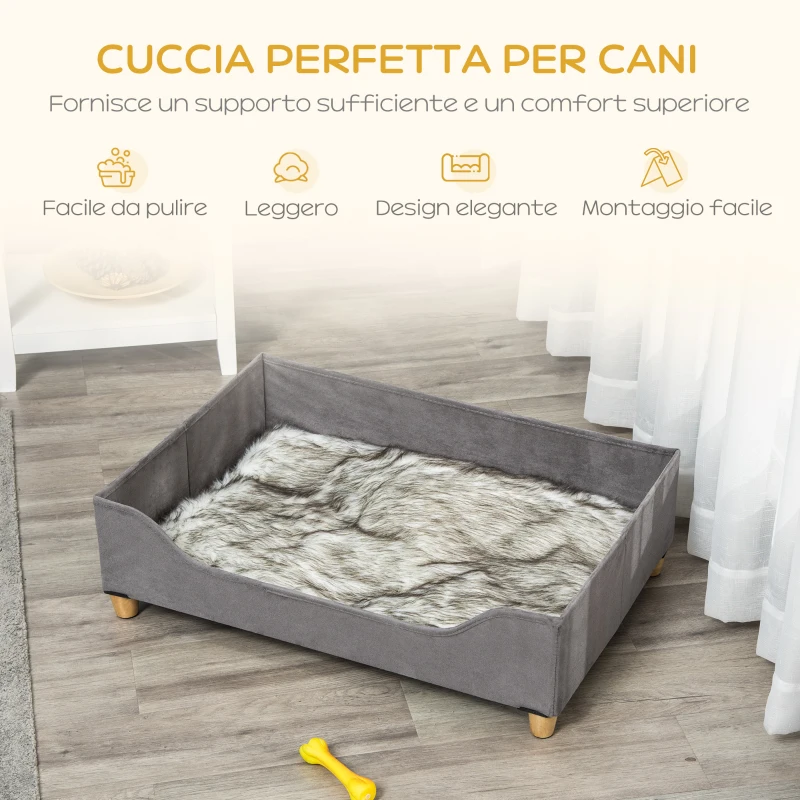 PawHut Cuccia per Cani Rialzata con Pannelli in Legno MDF, Cuscino Imbottito, 81Lx56x23.5cm, Grigia