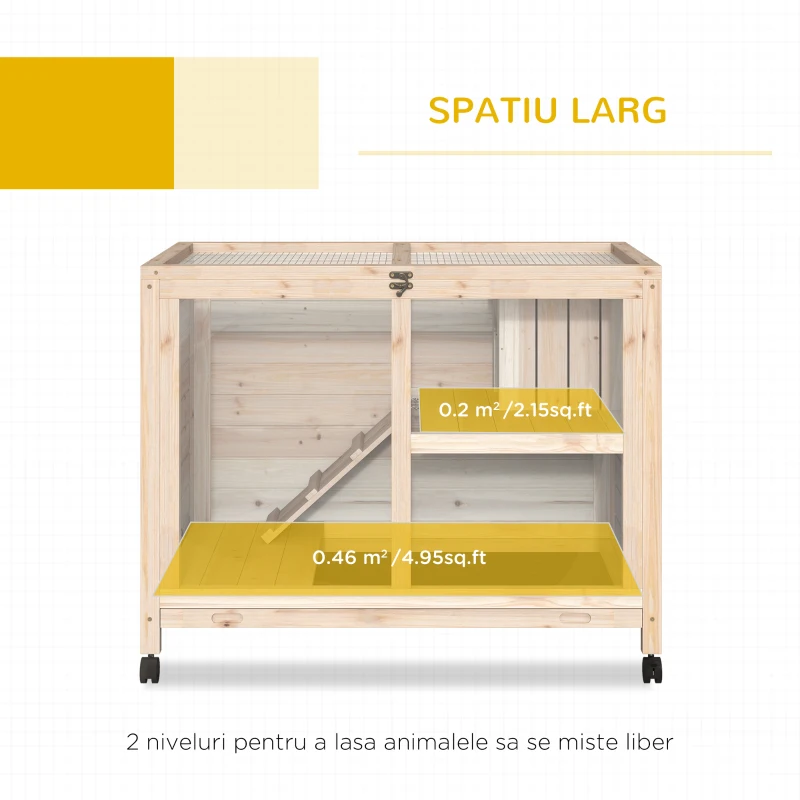 PawHut Cusca Iepuri 2 Etaje – Lemn cu Rampa si Tava Usor de Curatat