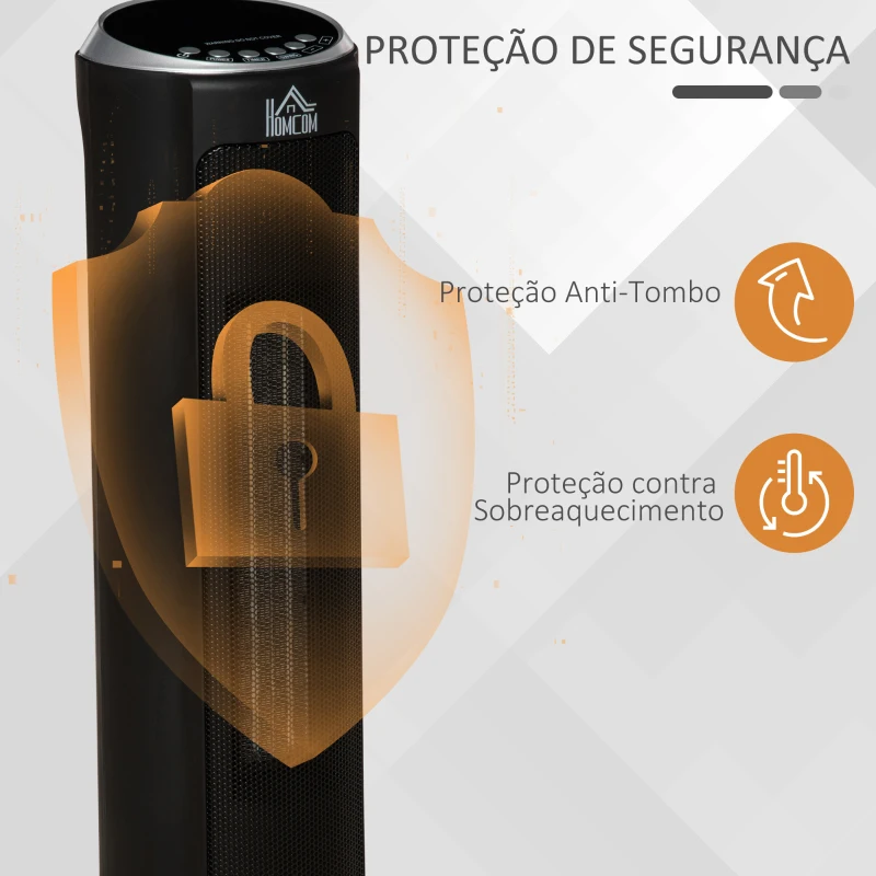 HOMCOM Aquecedor Cerâmico de Torre 1000/2000W com Controle Remoto Tela LED Temporizador de 12h Termostato 3 Modos de Aquecimento e Oscilação de 45° para 25m² Ø19x56,7cm Preto