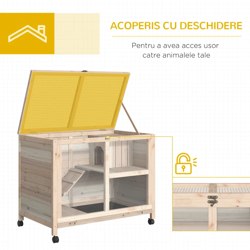 PawHut Cusca Iepuri 2 Etaje – Lemn cu Rampa si Tava Usor de Curatat