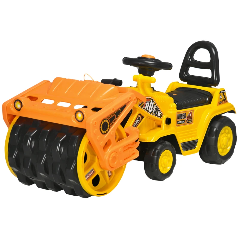 HOMCOM Trattore per Bambini 3-4 Anni con Rullo Compressore e Spazio Portaoggetti, 88x33x37 cm, Giallo e Nero