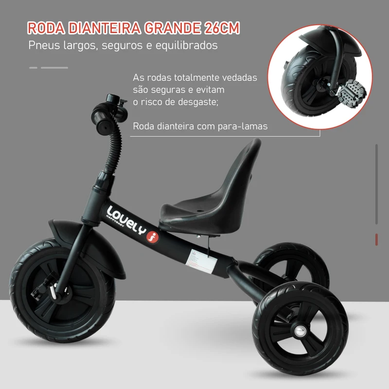 HOMCOM Triciclo para Crianças acima de 18 Meses Triciclo Infantil com Protetor de Segurança para as Rodas e Campainha 79x50,5x58 cm Preto