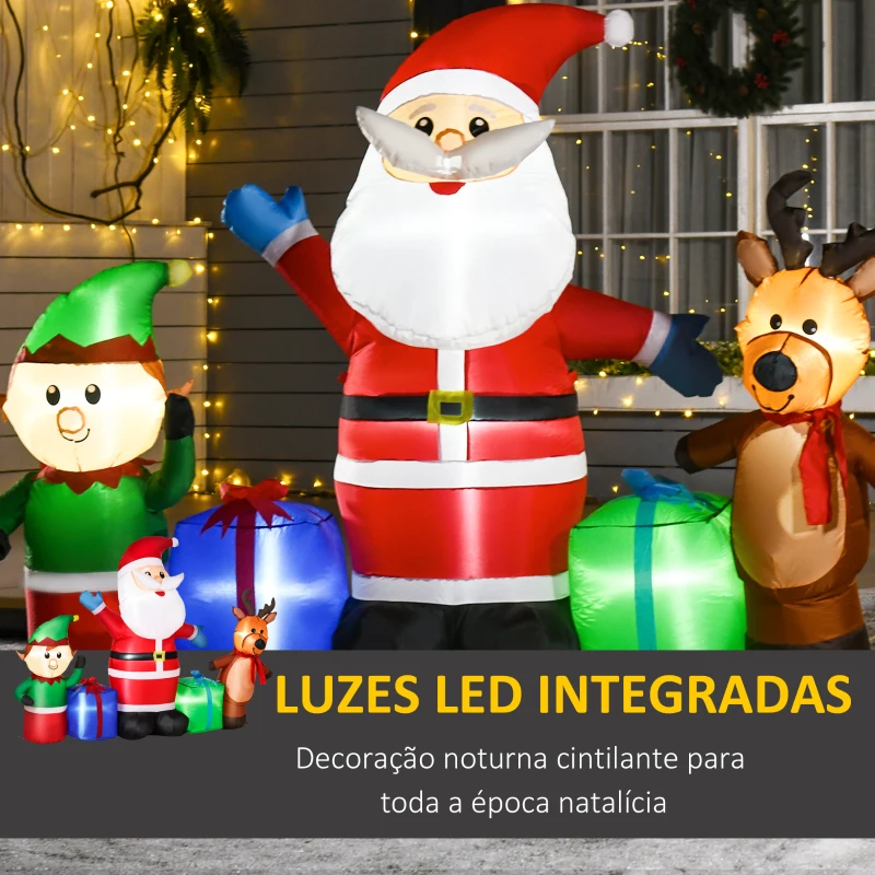 HOMCOM Decoração Insuflável de Natal Pai Natal com Rena e Duende com 6 Luzes LED e Insuflador 203x50x153 cm Multicor