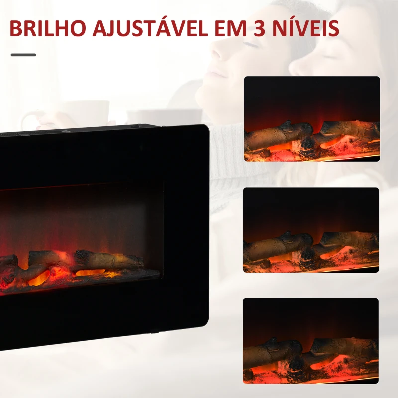 HOMCOM Lareira Elétrica de Parede 1800-2000W com Controle Remoto Simulação de Chama com Brilho Regulável Termostato e Temporizador para Salas de 30m² 91,4x11x44cm Preto