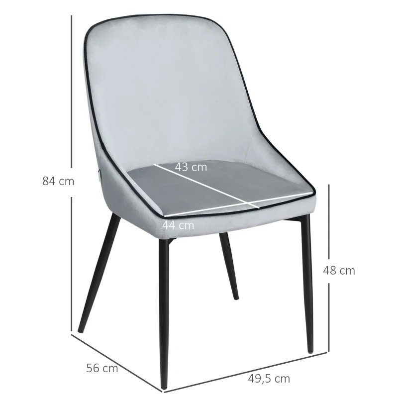 HOMCOM Lot de 2 chaises de salle à manger en tissu velours et pieds en acier noir - gris avec passepoil noir 50 x 56 x 84 cm