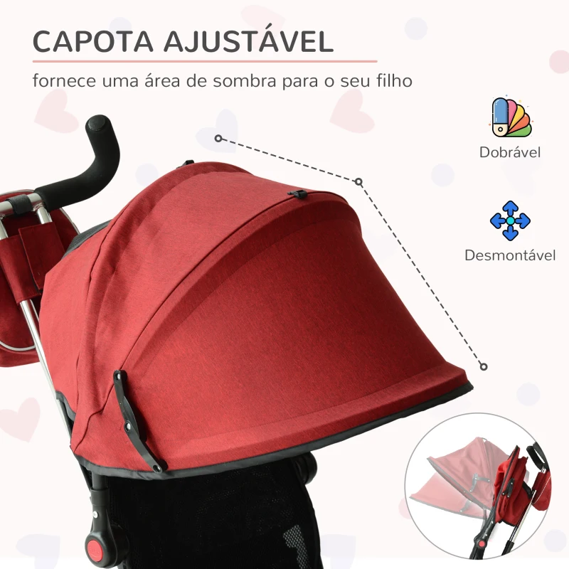 HOMCOM Triciclo 3 EM 1 para Crianças +18 Meses com Pedais Capota Removível e Dobrável Barra Telescópica 102x49x102cm Vermelho