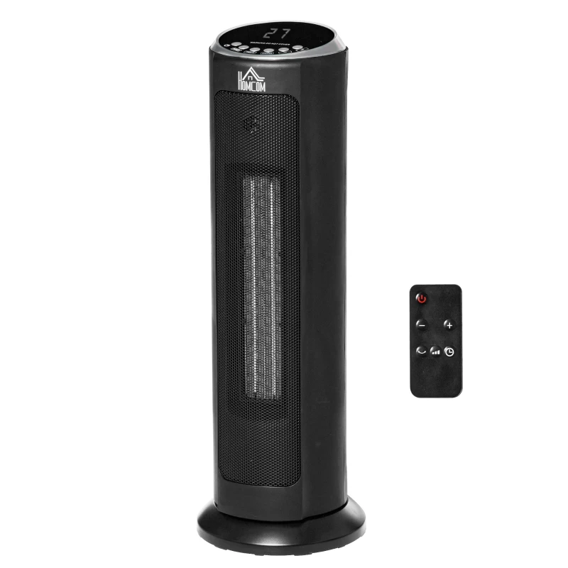 HOMCOM Aquecedor Cerâmico de Torre 1000/2000W com Controle Remoto Tela LED Temporizador de 12h Termostato 3 Modos de Aquecimento e Oscilação de 45° para 25m² Ø19x56,7cm Preto