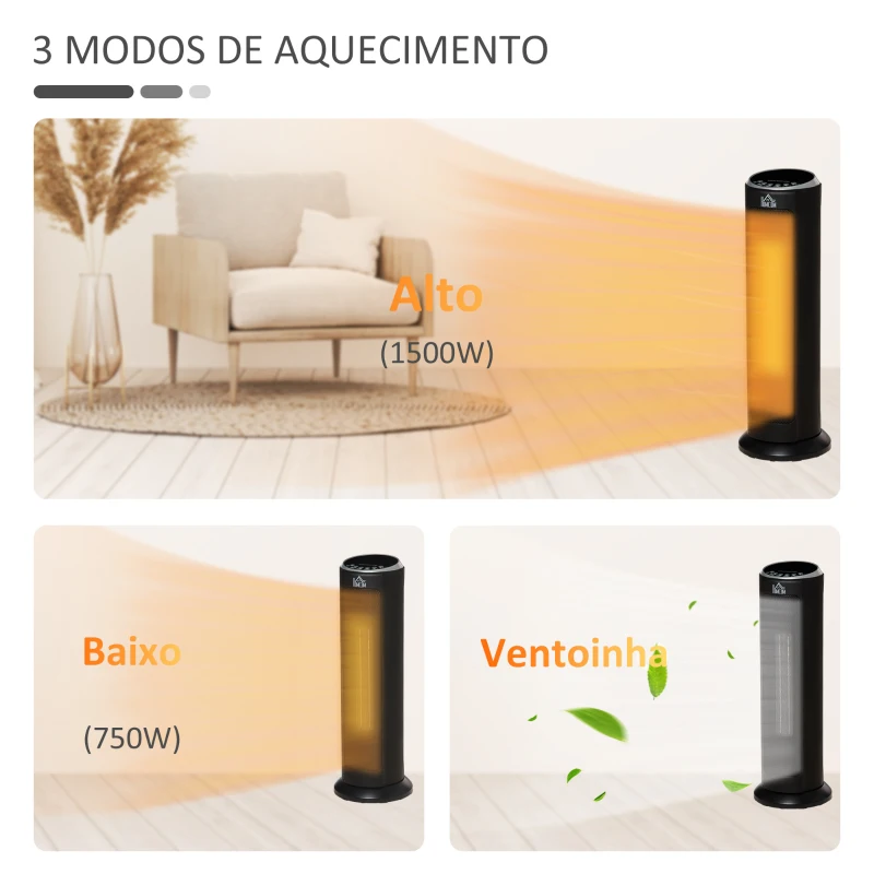 HOMCOM Aquecedor Cerâmico de Torre 1000/2000W com Controle Remoto Tela LED Temporizador de 12h Termostato 3 Modos de Aquecimento e Oscilação de 45° para 25m² Ø19x56,7cm Preto