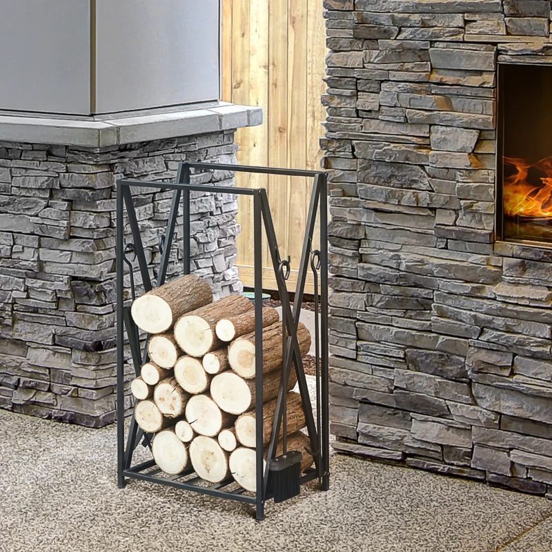 HOMCOM Suporte para Lenhas 46x30x76cm com 4 Ferramentas Incluídas Estrutura de Aço Carga Máxima 100kg para Exterior e Interior Preto