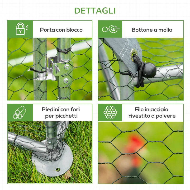 PawHut Recinto per Galline in Acciaio Galvanizzato con Telo di Protezione in Oxford, 200x105x172cm, Argento