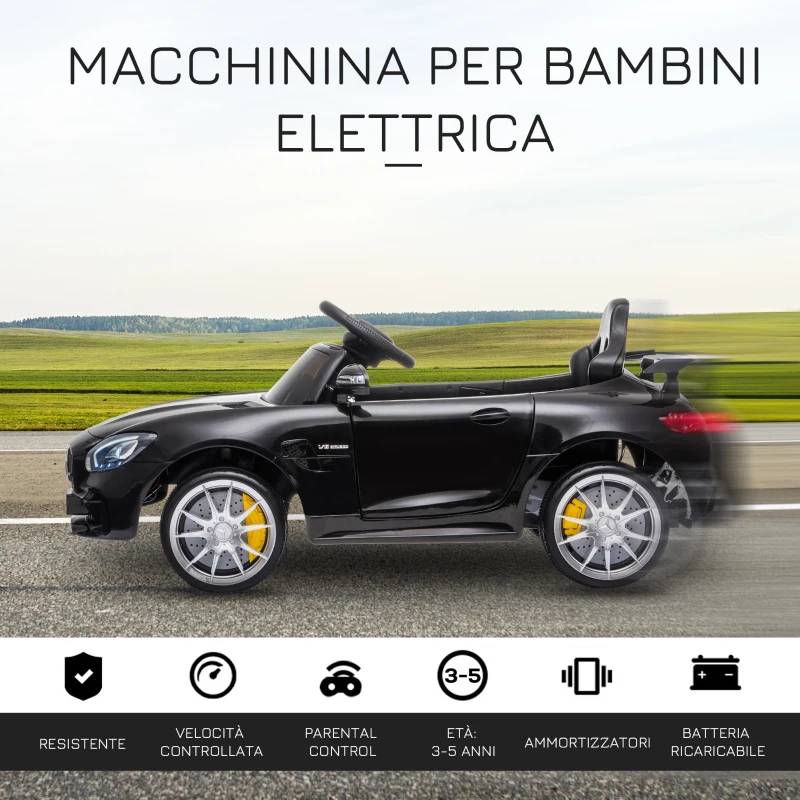 HOMCOM Macchinina per Bambini Elettrica 12V con Licenza Mercedes-AMG GTR, Velocità 3-5km/h, Telecomando, Luci e Suoni, Nera