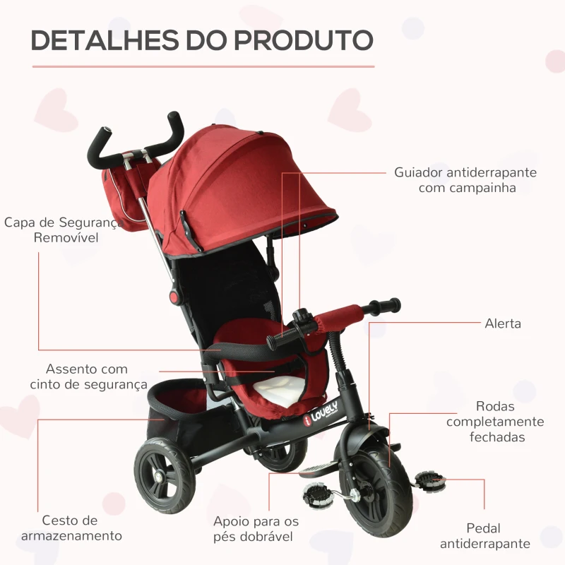 HOMCOM Triciclo 3 EM 1 para Crianças +18 Meses com Pedais Capota Removível e Dobrável Barra Telescópica 102x49x102cm Vermelho