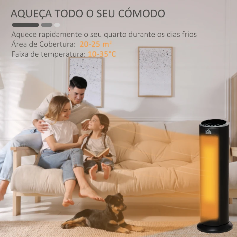 HOMCOM Aquecedor Cerâmico de Torre 1000/2000W com Controle Remoto Tela LED Temporizador de 12h Termostato 3 Modos de Aquecimento e Oscilação de 45° para 25m² Ø19x56,7cm Preto