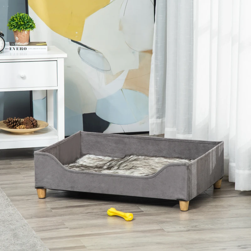 PawHut Cuccia per Cani Rialzata con Pannelli in Legno MDF, Cuscino Imbottito, 81Lx56x23.5cm, Grigia