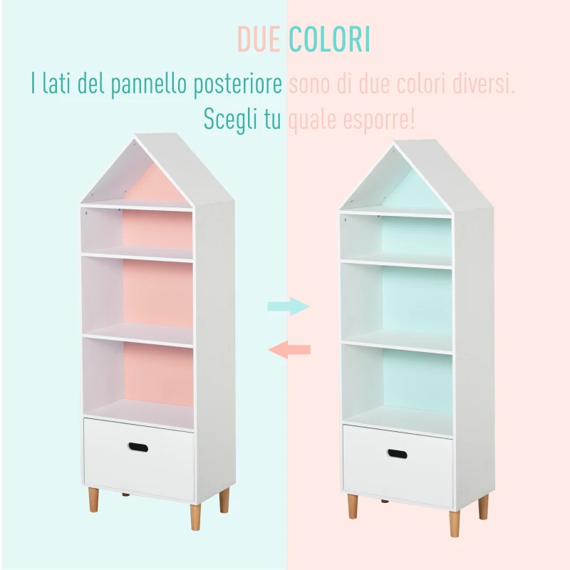 HOMCOM Libreria Scaffale Portagiochi per Cameretta Bimbi e Ragazzi, 1 Cassetto e 4 Ripiani, Bianca e Azzurra 50x30x142cm