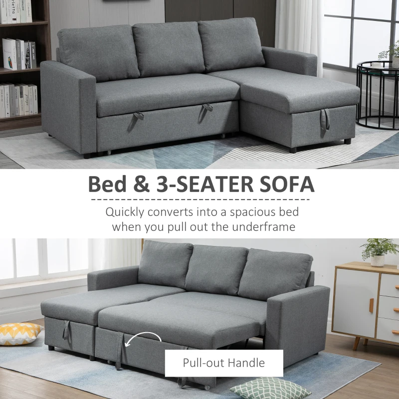 HOMCOM Canapea cu 3 Locuri și Spațiu de Depozitare, Canapea din Material Textil și Perne cu Huse Detașabile, 211.5x146x85 cm, Gri