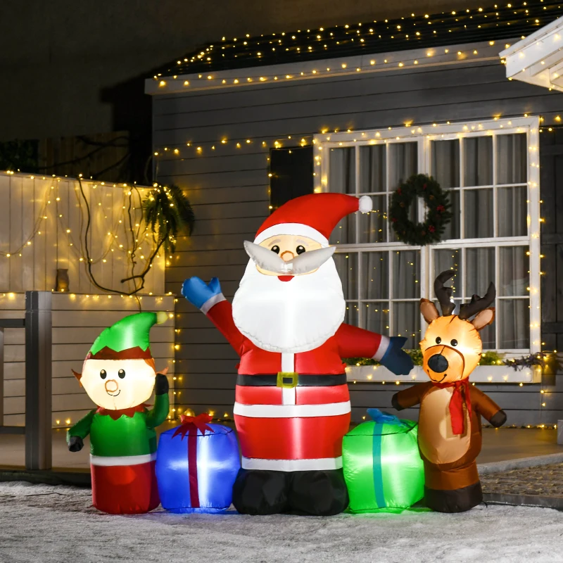 HOMCOM Decoração Insuflável de Natal Pai Natal com Rena e Duende com 6 Luzes LED e Insuflador 203x50x153 cm Multicor
