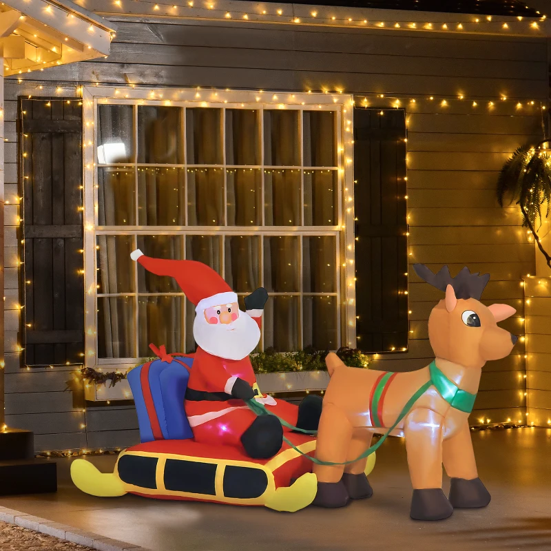 HOMCOM Decoração de Natal Inflável Pai Natal com Rena 8 Luzes LED Iluminação de Natal para Interior e Exterior 152x72x122cm