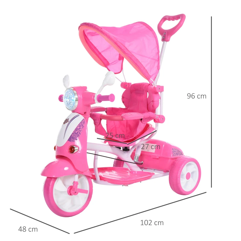 HOMCOM Triciclo para crianças a partir de 18 meses, dobrável com luz e música 102x48x96 cm Rosa
