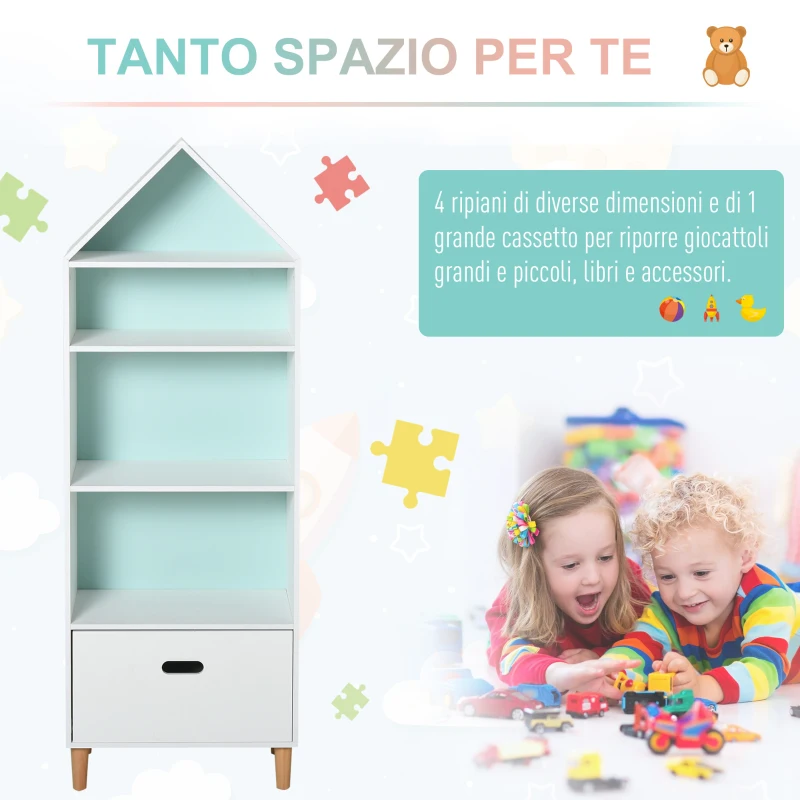 HOMCOM Libreria Scaffale Portagiochi per Cameretta Bimbi e Ragazzi, 1 Cassetto e 4 Ripiani, Bianca e Azzurra 50x30x142cm