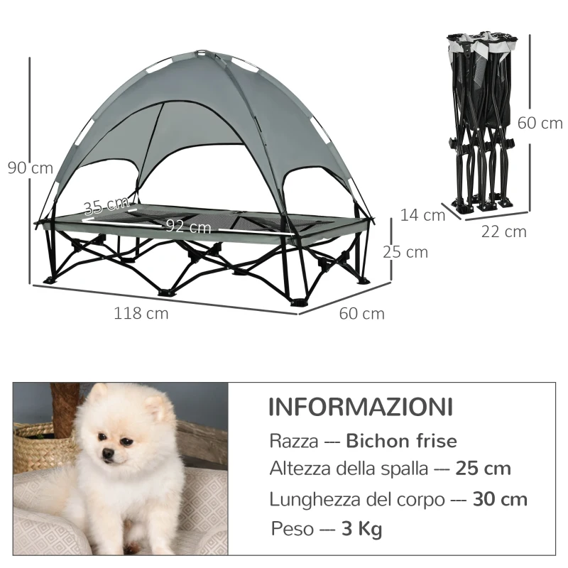 PawHut Brandina per Cani con Tettuccio da Esterno e Interno, Lettino per Cani Pieghevole in Tessuto Oxford e Acciaio, 118x60x90cm, Grigio