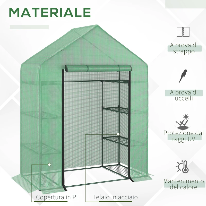 Outsunny Serra da Giardino per Piante con Scaffali in Acciaio e PE, Serra da Balcone con tetto spiovente (143x73x195cm)
