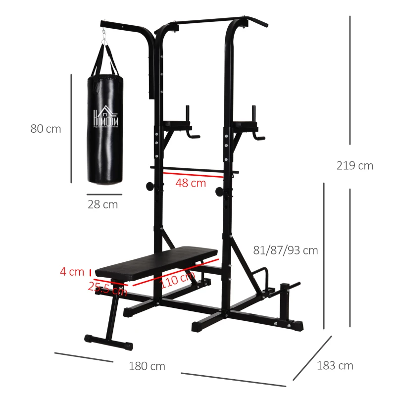HOMCOM Power Tower con Panca e Sacco da Boxe di 20kg, Stazione Multiuso in Acciaio Nero per Allenamento Total Body