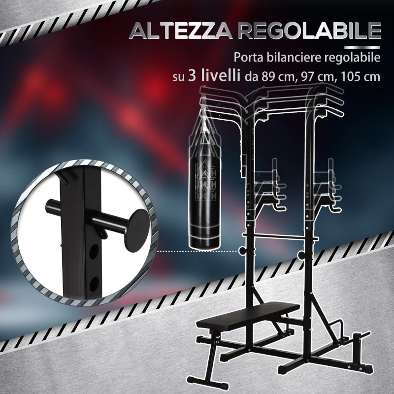 HOMCOM Power Tower con Panca e Sacco da Boxe di 20kg, Stazione Multiuso in Acciaio Nero per Allenamento Total Body