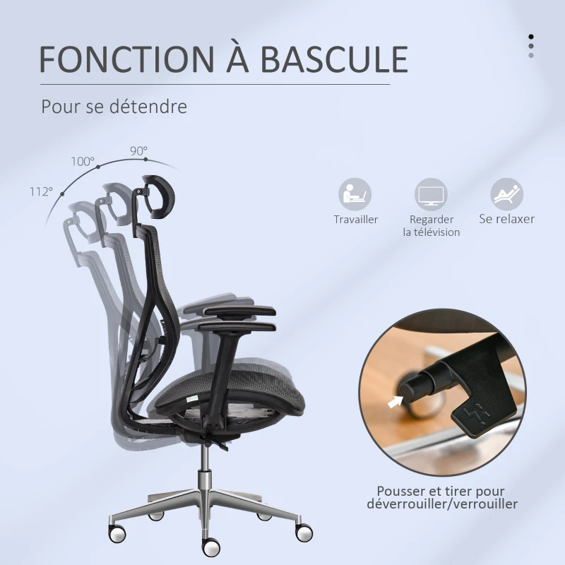 Vinsetto Fauteuil de bureau chaise de bureau ergonomique hauteur réglable avec appui-tête accoudoir 3D ajustable pivotante 360° tissu en maille 67 x 65 x 118-126 cm noir