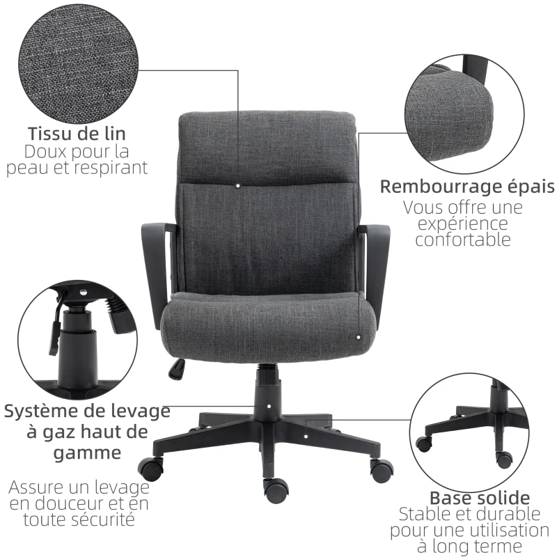 Vinsetto Chaise de bureau ergonomique fauteuil de bureau siège de bureau en toile avec accoudoir hauteur réglable pivotant à 360°  lin gris et piètement noir
