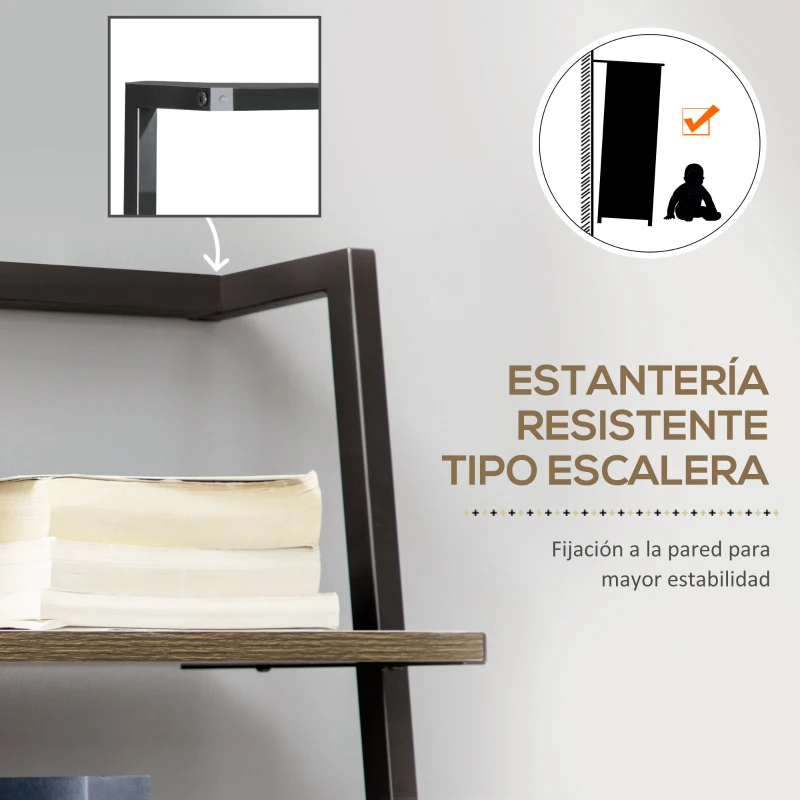 HOMCOM Estantería de Escalera con 5 Estantes de Estilo Industrial para Salón Dormitorio Oficina 60,5x35x171 cm Nogal