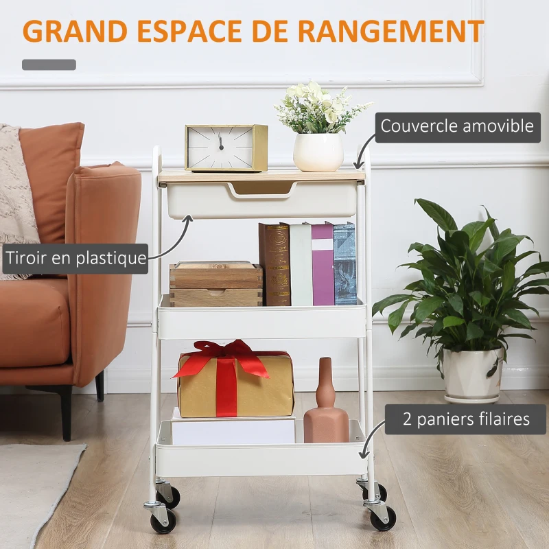 HOMCOM Desserte de cuisine chariot de service 2 étagères tiroir plateau aspect bois clair acier PP blanc