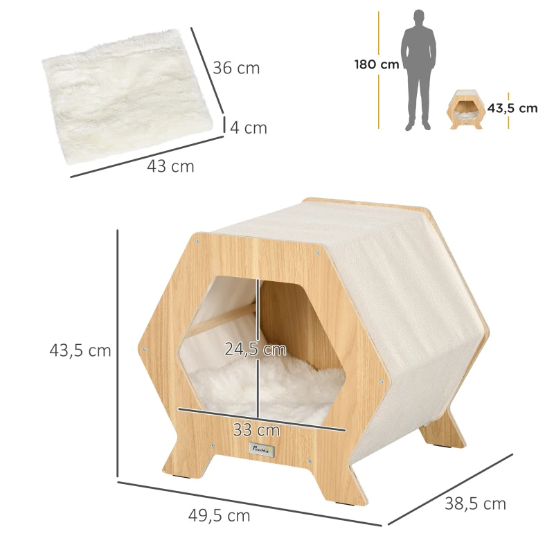 PawHut Maison niche pour chat design scandinave - coussin grand confort amovible inclus - 49,5 x 38,5 x 43,5 cm - aspect bois, beige